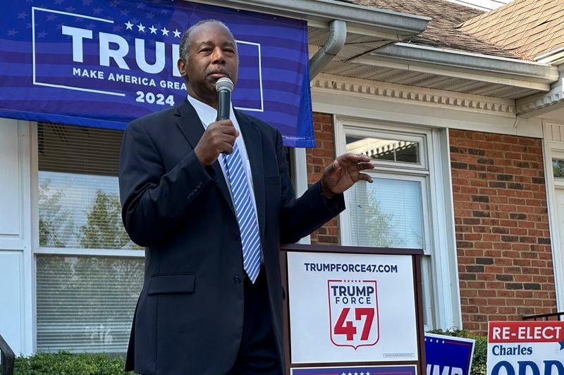 Former U.S. Housing and Urban Development Secretary Ben Carson speaks at a ceremony to open Republican Presidential candidate Donald Trump's first Georgia campaign office in Fayetteville, Ga., Thursday, June 13, 2024. Democratic President Joe Biden and Trump are working to win over Georgia voters ahead of the pair's first 2024 debate scheduled for Thursday, June 27, 2024 in Atlanta. (AP Photo/Jeff Amy)