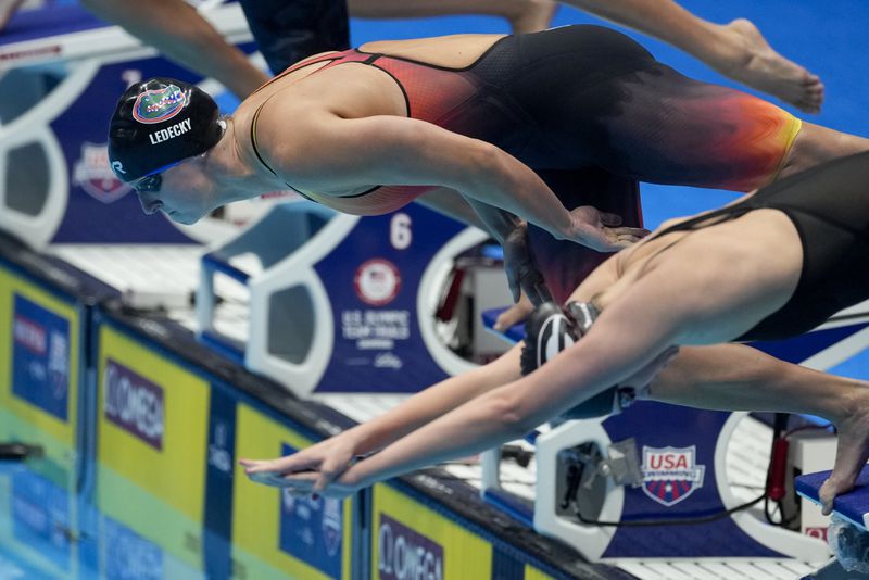 Katie Ledecky swims during the Women's 1500 freestyle finals Wednesday, June 19, 2024, at the US Swimming Olympic Trials in Indianapolis. (AP Photo/Darron Cummings)