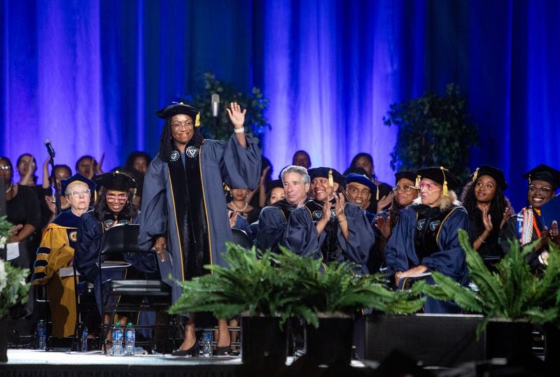 Supreme Court Justice Ketanji Brown Jackson is acknowledged as she receives an honorary doctor of law degree from Spelman College during its 137th commencement at the Georgia International Convention Center on Sunday, May 19, 2024.   (Jenni Girtman for The Atlanta Journal-Constitution)
