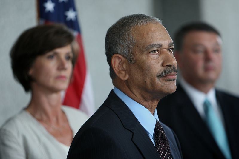 Fulton County Sheriff Ted Jackson at a 2012 news conference on the arrest of jail employees accused of smuggling contraband. FILE PHOTO