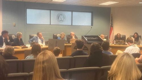 The Marietta school board discusses a review during its Sept. 12, 2023, meeting of the district's books that is aimed at removing materials that are considered sexually explicit. (Eric Stirgus / eric.stirgus@ajc.com)