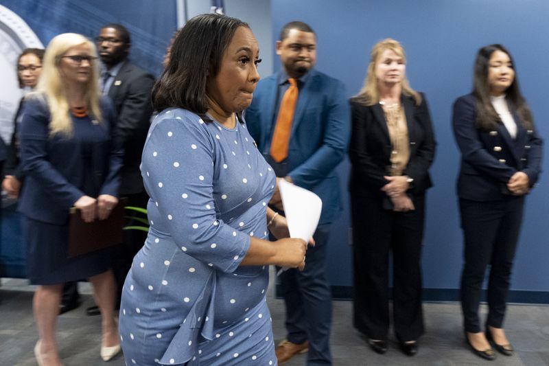 Fulton County District Attorney Fani Willis exits a press conference in Atlanta on Thursday, Sept. 14, 2023 after speaking about a federal grant that is allowing her office and the Atlanta Police Department to increase work on the backlog of rape kits.  (Ben Gray / Ben@BenGray.com)