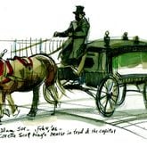 A sketch of the hearse for Coretta Scott King made on Feb. 4, 2006, several days before her funeral, by AJC artist Walter Cumming, who covered the event live with his sketchbook.