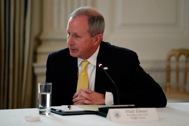 FILE - Walt Ehmer, president and CEO of Waffle House, speaks about reopening the country during a roundtable with industry executives in the State Dining Room of the White House, April 29, 2020, in Washington. (AP Photo/Alex Brandon, File)