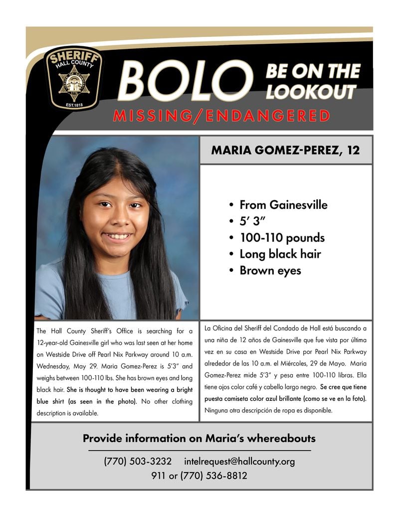 A flyer for missing Gainesville 12-year-old Maria Gomez-Perez.