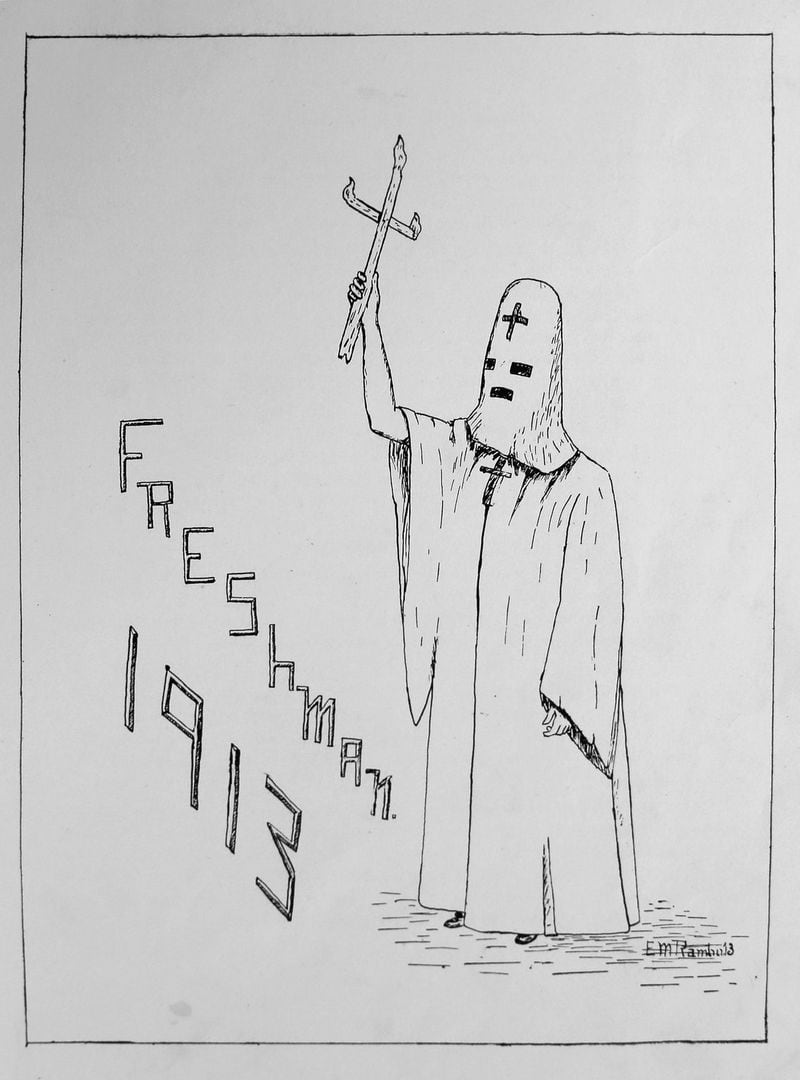 This drawing of a hooded and robed figure is from the 1910 yearbook. The 1913 yearbook was called the Ku Klux and and some classes identified with the Klan — calling themselves the Ku Klux Klan of 1909 or 1913. The school dropped the Klan from class names by the 1930s, but some classes later called themselves Tri-K Pirates — a name that persisted into the 1990s. Many at the college denied this link to the class name, even in recent years. BOB ANDRES /BANDRES@AJC.COM