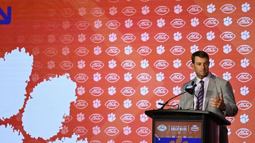 Clemson head coach Dabo Swinney speaks during the Atlantic Coast Conference NCAA college football media days, Thursday, July 25, 2024, in Charlotte, N.C. (AP Photo/Matt Kelley)