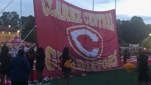 Clarke Central breaks through sign vs. Loganville, Oct. 5, 2023.