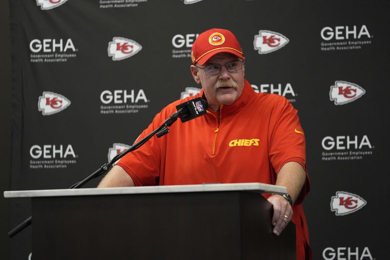 Kansas City Chiefs head coach Andy Reid speaks during a news conference following an NFL football game against the Los Angeles Chargers Sunday, Sept. 29, 2024, in Inglewood, Calif. The Chiefs won 17-10. (AP Photo/Ashley Landis)