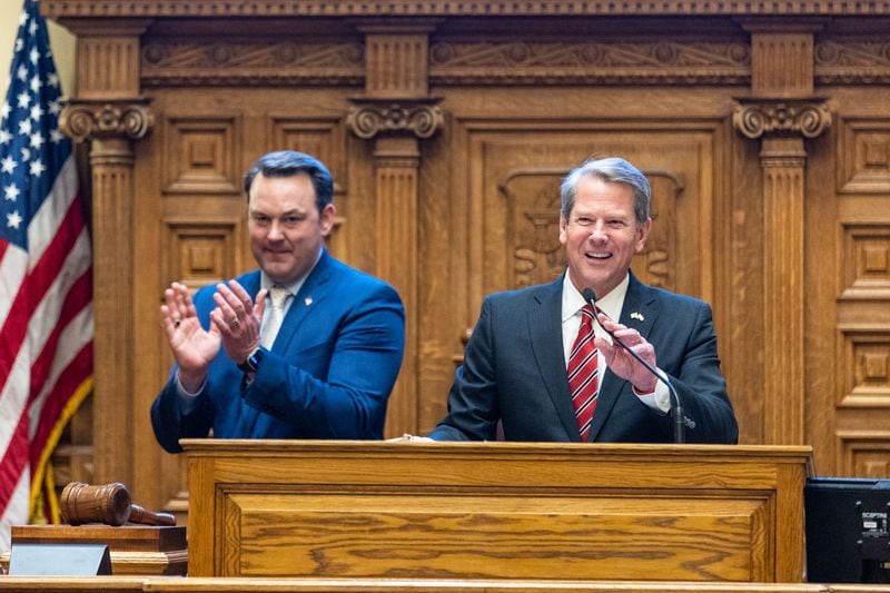 Lt. Gov. Burt Jones, left, and Gov. Brian Kemp have butted heads at times, especially during the past legislative session when Jones, a supporter of former President Donald Trump, backed a failed Buckhead cityhood initiative and promoted a hospital deregulation plan. Any misstep by Kemp concerning the potential indictment of Trump could give Jones a way to derail the governor's agenda. (Arvin Temkar/The Atlanta Journal-Constitution/TNS)