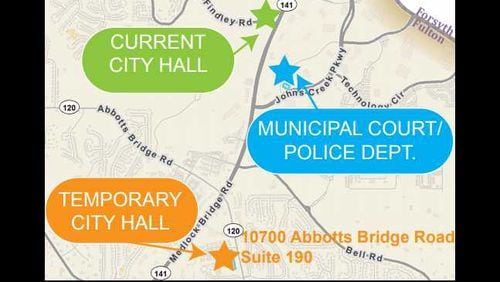 A map shows where Johns Creek city leaders will move while their city hall is renovated.