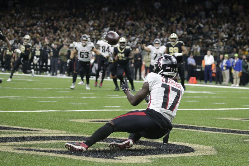 Atlanta Falcons wide receiver Olamide Zaccheaus (17) makes a touchdown catch against the New Orleans Saints during the second half on Nov. 7. (Butch Dill / AP)