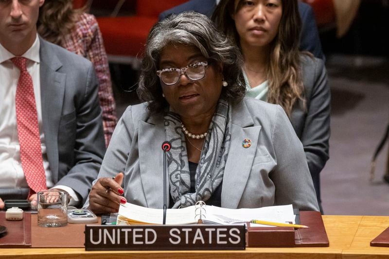 U.S. Ambassador to the U.N. Linda Thomas-Greenfield speaks during a Security Council meeting at United Nations headquarters, Friday, Sep. 27, 2024. (AP Photo/Yuki Iwamura)