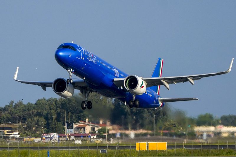 The ITA Airways ITY4000 papal plane with Pope Francis and bound to Luxembourg, where the pope will start his four-day visit to Luxembourg and Belgium, takes off from the Fiumicino International airport Leonardo da Vinci, some 30 kilometers south-west of Rome, Thursday, Sept. 26, 2024. (AP Photo/Gregorio Borgia)