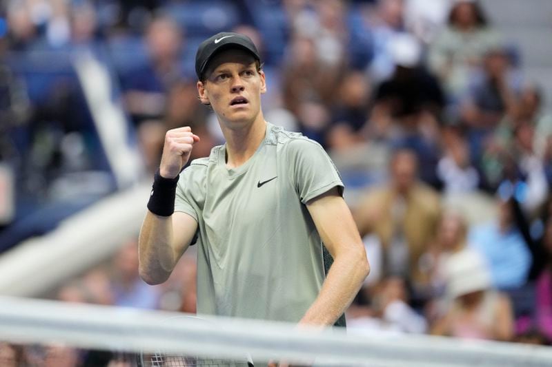 Jannik Sinner, of Italy, reacts after breaking the serve of Jack Draper, of Great Britain, during the men's singles semifinals of the U.S. Open tennis championships, Friday, Sept. 6, 2024, in New York. (AP Photo/Kirsty Wigglesworth)