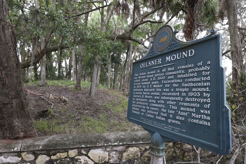 A view of the Oelsner Indian Mound in preparation for Hurricane Milton on Monday, Oct. 7, 2024, in Port Richey, Fla. Local legend in the Tampa area is that Indian mounds help steer hurricanes away from the area. (AP Photo/Mike Carlson)