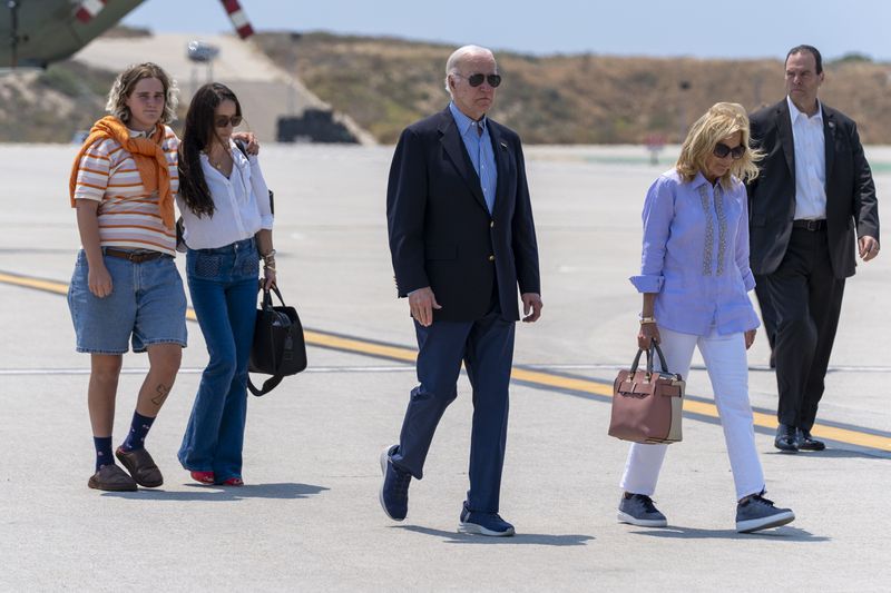 FILE - From left, Maisy Biden, Naomi Biden, President Joe Biden and first lady Jill Biden walk to depart on Air Force One from Los Angeles International Airport, June 16, 2024, in Los Angeles. AP Photo/Alex Brandon, File)