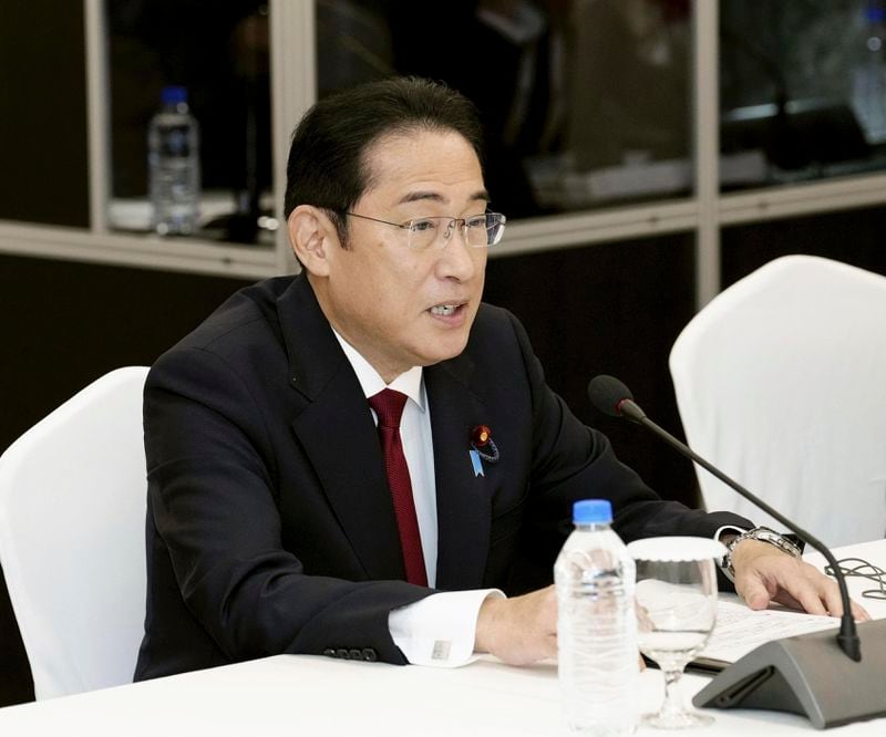 Japanese Prime Minister Fumio Kishida speaks during a meeting with Chinese Premier Li Qiang in Seoul, South Korea, Sunday, May 26, 2024. (Daisuke Suzuki/Kyodo News via AP)