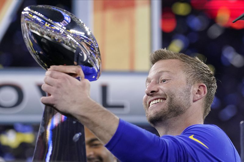 Los Angeles Rams coach Sean McVay holds the Lombardi Trophy after winning Super Bowl 56 on Sunday. (AP Photo/Mark J. Terrill)