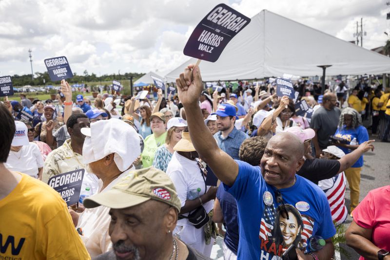 Supporters for Democratic presidential nominee Kamala Harris line up outside hours Thursday before a campaign event in Savannah. (AP Photo/Stephen B. Morton)