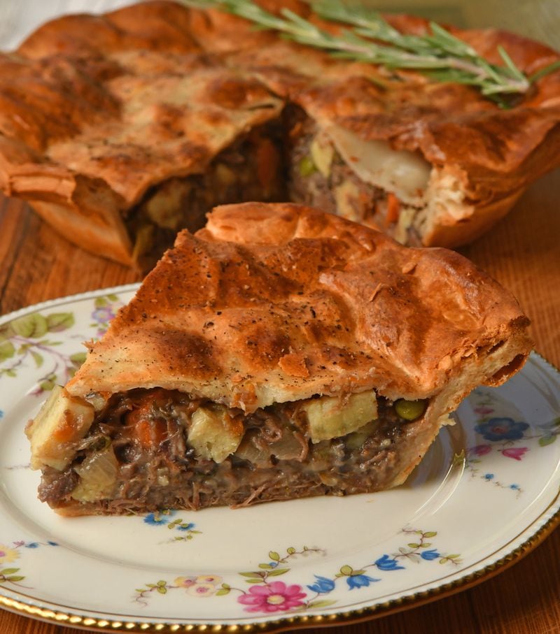 This recipe for Lamb and Vegetable Pie uses bone-in lamb shoulder chops instead of lamb shanks. (Styling by Jake Harvey / Chris Hunt for the AJC)