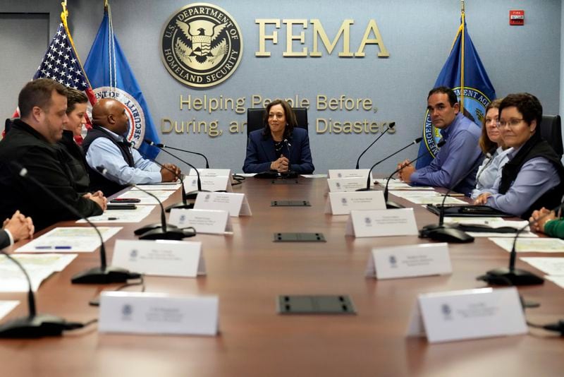 Democratic presidential nominee Vice President Kamala Harris prepares for a briefing at FEMA headquarters, Monday, Sept. 30, 2024, in Washington, on recovery and assistance efforts after Hurricane Helene. (AP Photo/Jacquelyn Martin)