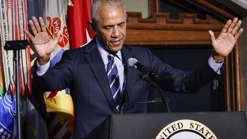 Former President Barack Obama speaks to guests after receiving the 2024 Sylvanus Thayer Award from the West Point Association of Graduates during ceremonies hosted by the U.S. Military Academy at West Point, Thursday, Sept. 19, 2024, in New York. (AP Photo/Eduardo Munoz Alvarez)