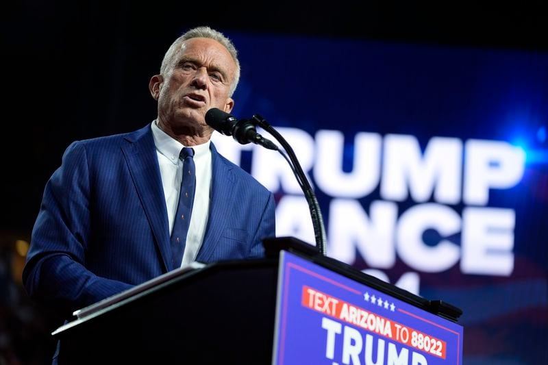 Independent presidential candidate Robert F. Kennedy Jr. speaks as he endorses Republican presidential nominee former President Donald Trump at a campaign rally at the Desert Diamond Arena, Friday, Aug. 23, 2024, in Glendale, Ariz. (AP Photo/Evan Vucci)