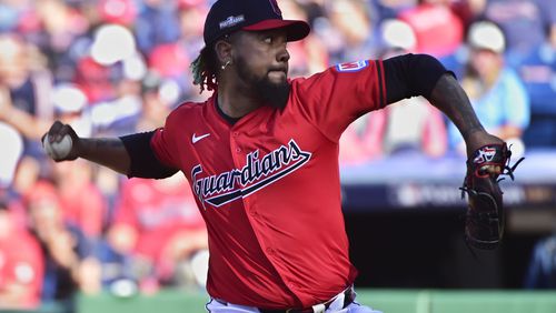 Cleveland Guardians' Emmanuel Clase pitches in the ninth inning during Game 1 of baseball's AL Division Series against the Detroit Tigers, Saturday, Oct. 5, 2024, in Cleveland. (AP Photo/Phil Long)