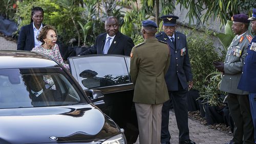South Africa's President-elect Cyril Ramaphosa, centre, and his wife Tshepo Motsepe, second from left, arrive ahead of the inauguration ceremony at the Union Buildings in Tshwane, South Africa, Wednesday, June 19, 2024. (AP Photo/Photo: Shiraaz Mohamed).