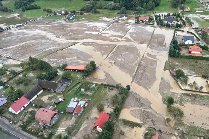 This handout photo provided by the Polish fire department, shows a flooded area near the Nysa Klodzka river in Nysa, Poland on Monday, Sept. 16, 2024. (KG PSP Photo via AP)