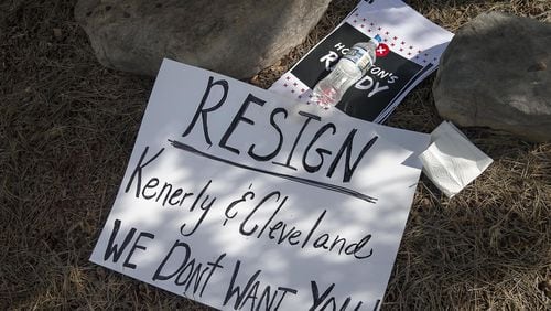A sign demanding the resignation of Hoschton Mayor Theresa Kenerly and City Council Member Jim Cleveland sits near City Hall in Hoschton, Monday, May 6, 2019. ALYSSA POINTER / ALYSSA.POINTER@AJC.COM