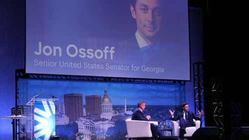 U.S. Sen. Jon Ossoff speaks at a Cobb County Chamber of Commerce event Monday, August 12, 2024 in Cobb County. Taylor Croft/taylor.croft@ajc.com)