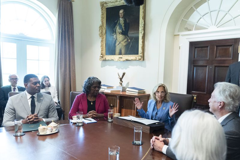 First lady Jill Biden, third from left, speaks during a cabinet meeting presided over by President Joe Biden, in the Cabinet Room of the White House, Friday, Sept. 20, 2024. (AP Photo/Manuel Balce Ceneta)