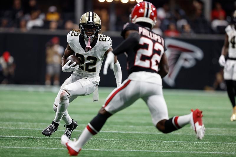 New Orleans Saints wide receiver Rashid Shaheed (22) runs against Atlanta Falcons cornerback Clark Phillips III (22) during the second half of an NFL football game, Sunday, Sept. 29, 2024, in Atlanta. (AP Photo/Butch Dill)