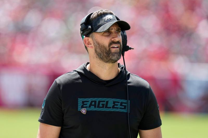 Philadelphia Eagles head coach Nick Sirianni walks the sidelines during the first half of an NFL football game against the Tampa Bay Buccaneers, Sunday, Sept. 29, 2024, in Tampa, Fla. (AP Photo/Chris O'Meara)