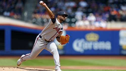 Atlanta Braves pitcher Reynaldo López delivers against the New York Mets during the second inning of a baseball game, Sunday, July 28, 2024, in New York. (AP Photo/Rich Schultz)