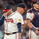 Atlanta Braves pitcher Luke Jackson (22) leaves the mound during a pitching change in the seventh inning against the Colorado Rockies at Truist Park in Atlanta on Thursday, September 5, 2024. The Braves lost 3-1. (Arvin Temkar / AJC)