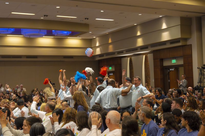 Mayor Brian Brodrick (right) celebrates with members of the Watkinsville delegation after the city was announced as a 2024 All-America City award winner. (photo contributed; courtesy city of Watkinsville)