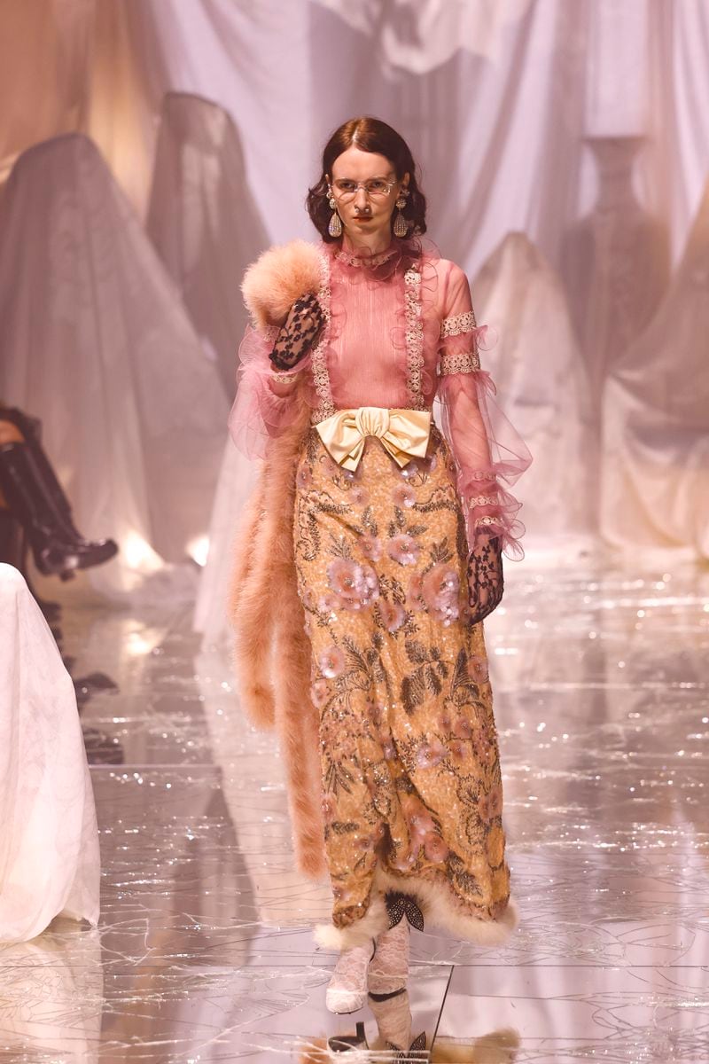 A model wears a creation as part of the Valentino Spring/Summer 2025 collection presented Sunday, Sept. 29, 2024 in Paris. (Photo by Vianney Le Caer/Invision/AP)