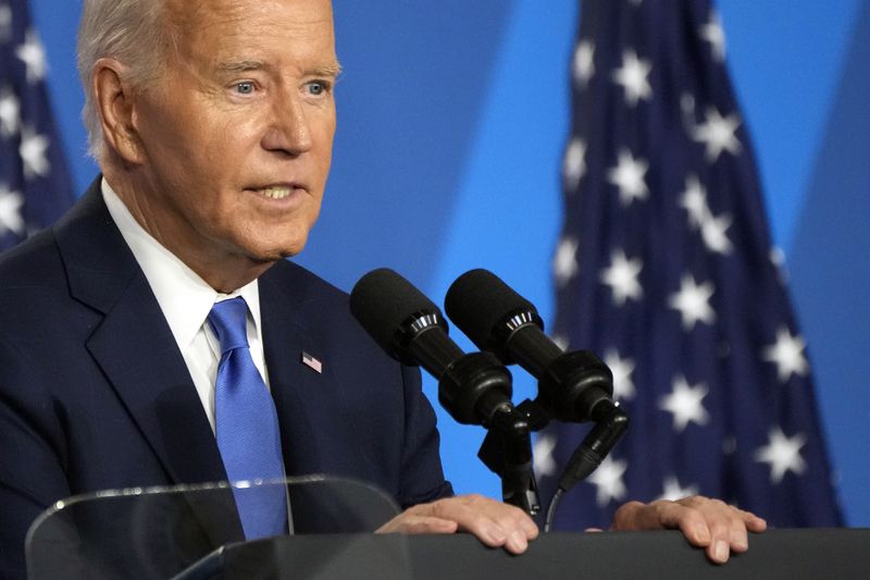 President Joe Biden speaks at a news conference Thursday July 11, 2024, on the final day of the NATO summit in Washington. (AP Photo/Jacquelyn Martin)