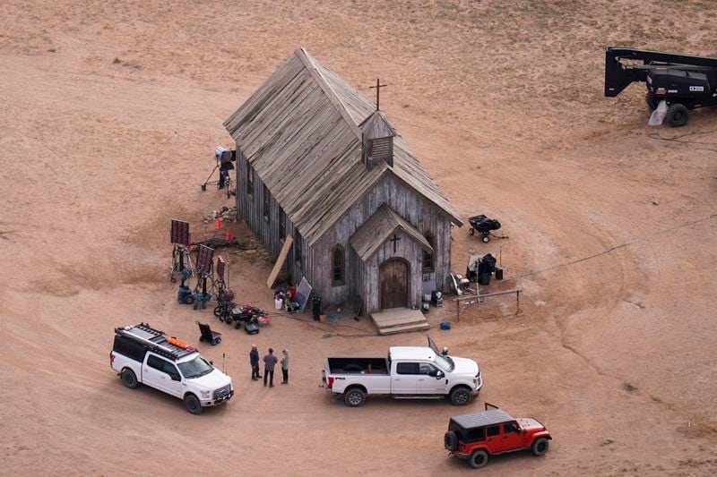 FILE - This aerial photo shows the movie set of "Rust," at Bonanza Creek Ranch in Santa Fe, N.M., Oct. 23, 2021. (AP Photo/Jae C. Hong, File)