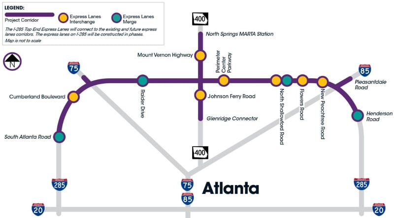 The Georgia Department of Transportation plans to build toll lanes along the top end of the Perimeter and along portions of Ga. 400 and I-85 as part of its Top End Express Lanes project.