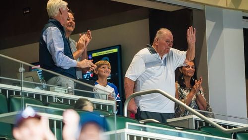 Former Braves manager Bobby Cox waves to fans at Truist Park Saturday. Photo: Matthew Grimes Jr./Atlanta Braves