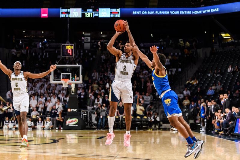Georgia Tech guard Shembari Phillips hits a 3-pointer in the final minutes of the Yellow Jackets' win over Pittsburgh at McCamish Pavilion, March 4, 2020. (Danny Karnik/Georgia Tech Athletics)