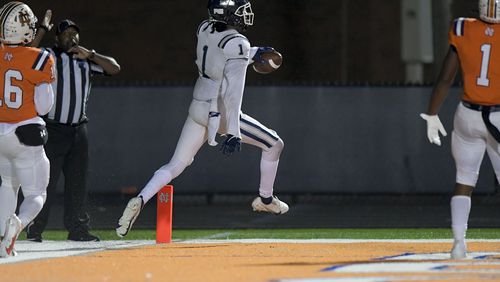 Marietta wide receiver/linebacker Daniel Martin (1) celebrates his touchdown in the end zone in the second half of his game against North Cobb Friday, November 13, 2020 in Kennesaw. (PHOTO/Daniel Varnado)
