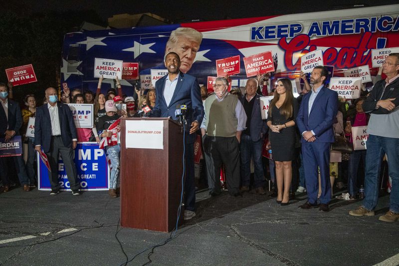 Georgia Rep. Vernon Jones speaks during a Republican rally in the parking lot at the Georgia Republican Party Headquarters in Atlanta’s Buckhead community, Thursday, November 5, 2020.  (Alyssa Pointer / AJC file photo)