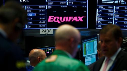 epa06206571 A view of a sign for the company Equifax on the floor of the New York Stock Exchange in New York, New York, USA, on 15 September 2017. The company recently disclosed that a data breach, discovered in July 2017, may have impacted as many as 143 million consumers in the United States. Equifax is one of the three main organizations in the US that calculates credit scores and has access to personal information including names, Social Security numbers, birth dates, addresses, some driver's license, and credit card numbers. EPA-EFE/JUSTIN LANE ORG XMIT: JLX08
