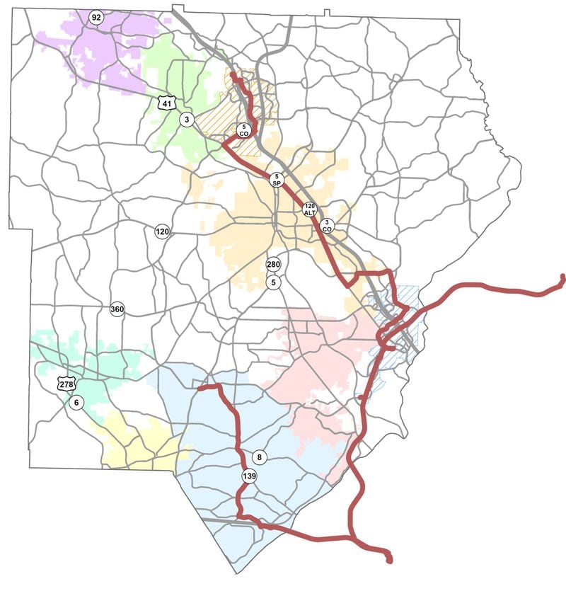 This map shows the proposed bus rapid transit routes under a 10-year M-SPLOST program. The board has not decided which plan to put before voters in 2024. Cobb County