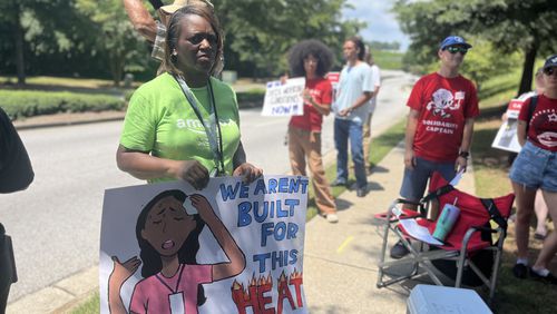 Protesters gather outside an Amazon sorting facility in East Point on Wednesday, July 31, 2024. Meris Lutz/meris.lutz@ajc.com